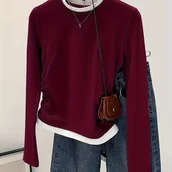 Bluzki damskie - TEMU Retro Okrągły Dekolt Kolorowy Blokowany Sztuczny Dwuczęściowy Długi Rękaw Z Falbankami T-Shirt, Stylowa Warstwa Podstawowa z Długim Rękawem, - miniaturka - grafika 1