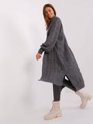 Swetry damskie - Kardigan ciemny szary casual rękaw długi długość długa kieszenie bufiasty - miniaturka - grafika 1