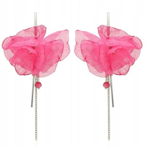Kolczyki Sztyfty Jedwabne Kwiatki Różowe Ze Srebrnymi Elementami