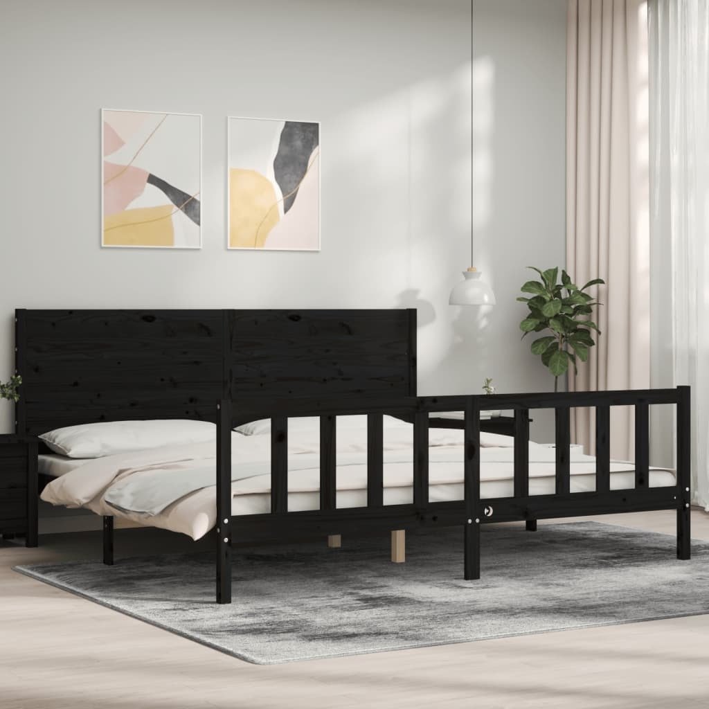 Łóżko z litego drewna z zagłówkiem czarne 200x200 cm