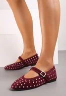 Baleriny - Bordowe Balerinki z Imitacji Zamszu z Paseczkiem i Klamerką Zdobione Cyrkoniami Daibelle - miniaturka - grafika 1