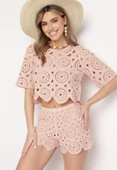 Komplety damskie - Różowy Bawełniany Komplet Ażurowy z Bluzką i Szortami Orilve - miniaturka - grafika 1