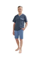 Piżamy damskie - PIŻAMA MĘSKA L KRÓTKI RĘKAW SPODENKI SZORTY Z KIESZENIAMI BAWEŁNIANA GRANATOWA W KRATKĘ 2 - miniaturka - grafika 1
