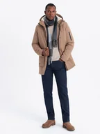 Kurtki męskie - Męska długa kurtka parka z kożuszkiem beżowa V1 OM-JALJ-0181 XL - miniaturka - grafika 1