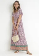 Sukienki - Różowa Sukienka z Wiskozy w Etno Wzór z Gumką i Paskiem w Talii Lucassa - miniaturka - grafika 1