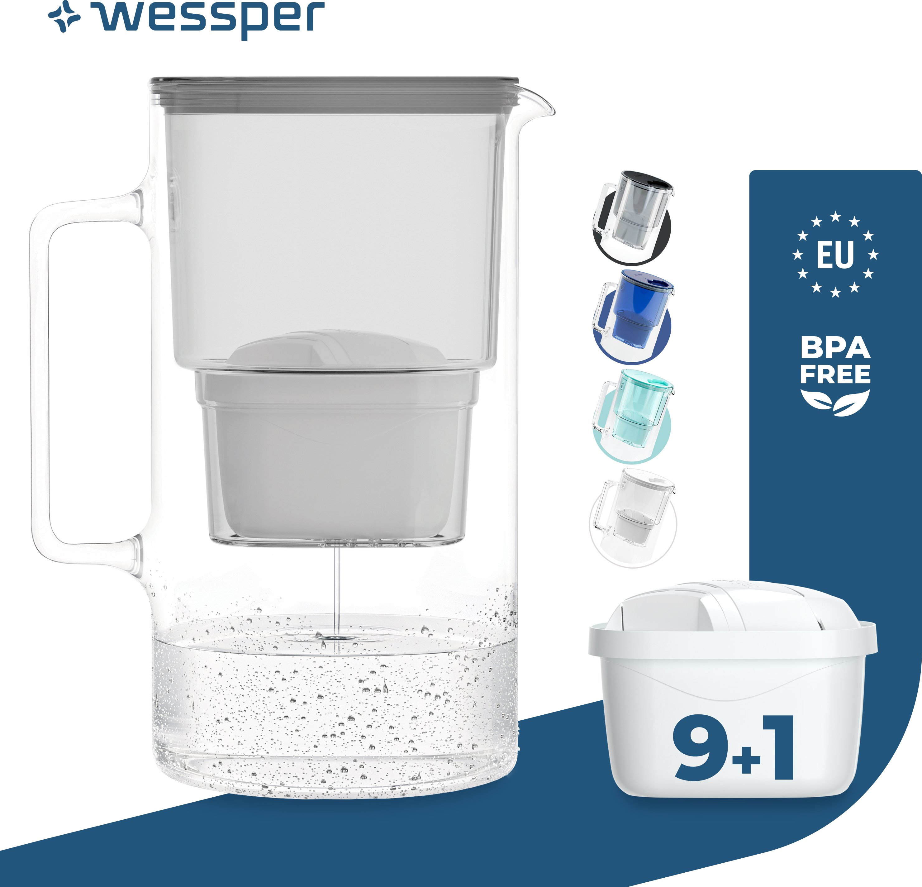 Wessper szklany dzbanek filtrujący 3L Kompatybilny z wkładami filtrującymi Brita, w tym 10 wkładów filtrujących, szary