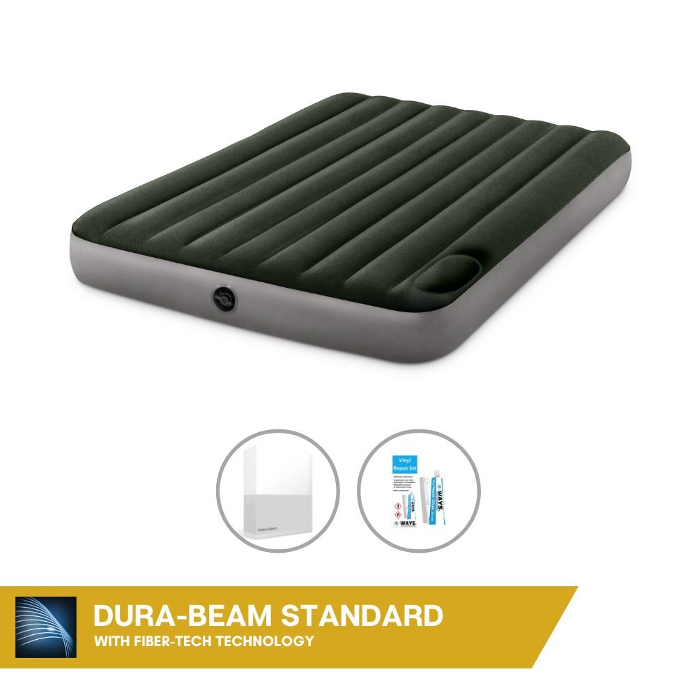 Dmuchane łóżko Intex - 2 osoby - 152 x 203 x 25 cm - Zielony - Z wbudowaną pompką nożną + prześcieradło białe + zestaw naprawczy