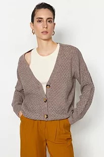 Trendyol FeMan Oversize Basic kardigan z dzianiny z dekoltem w serek, norka, S, Norka, S - Swetry damskie - miniaturka - grafika 1
