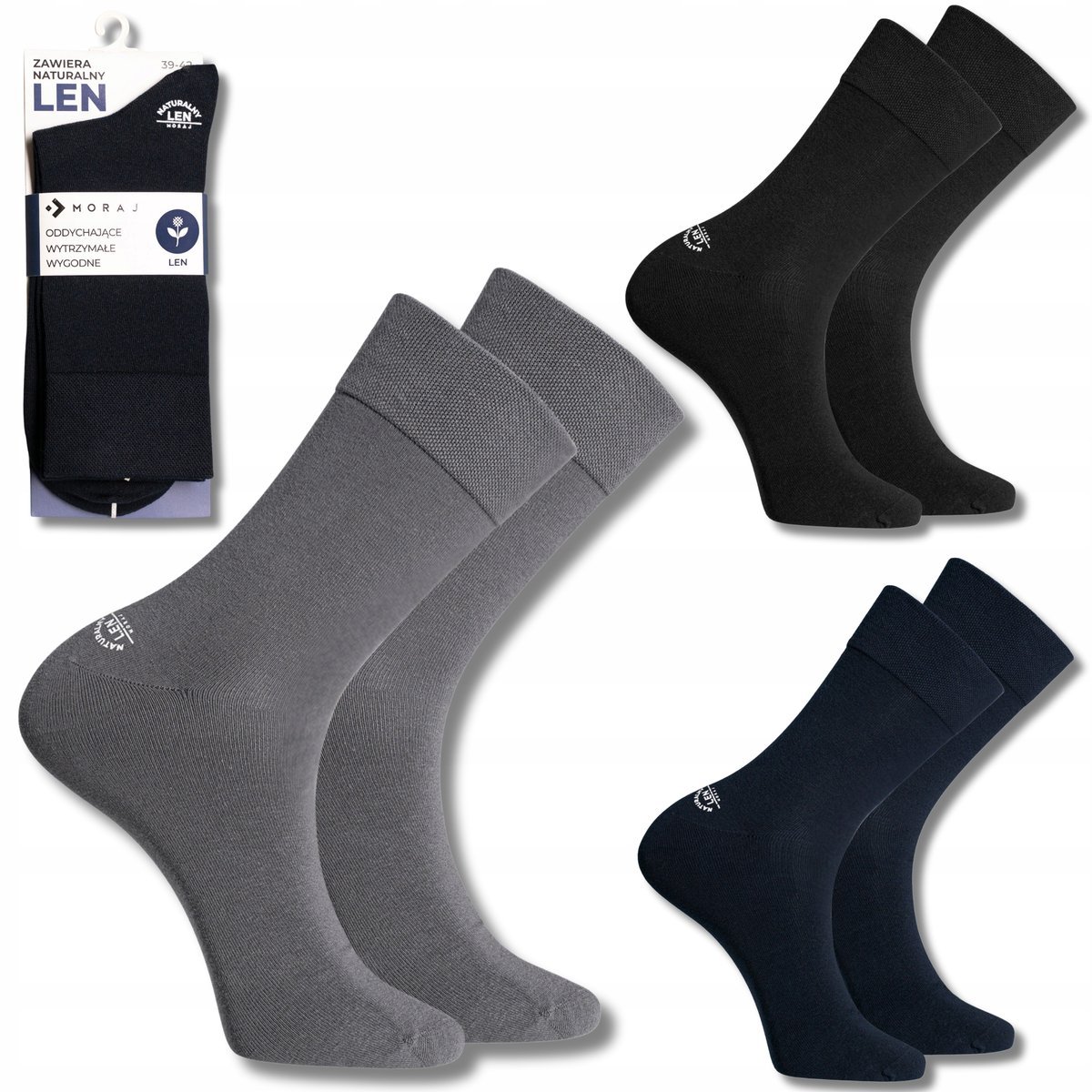 MOCNE DŁUGIE SPORTOWE SKARPETKI MĘSKIE SKARPETY Z LNEM 3-PAK MORAJ 43-45