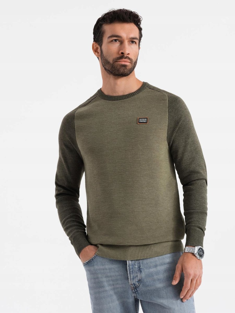 Bawełniany sweter męski raglanowe rękawy oliwkowy Ombre OM-SWSW-0121 V2 M
