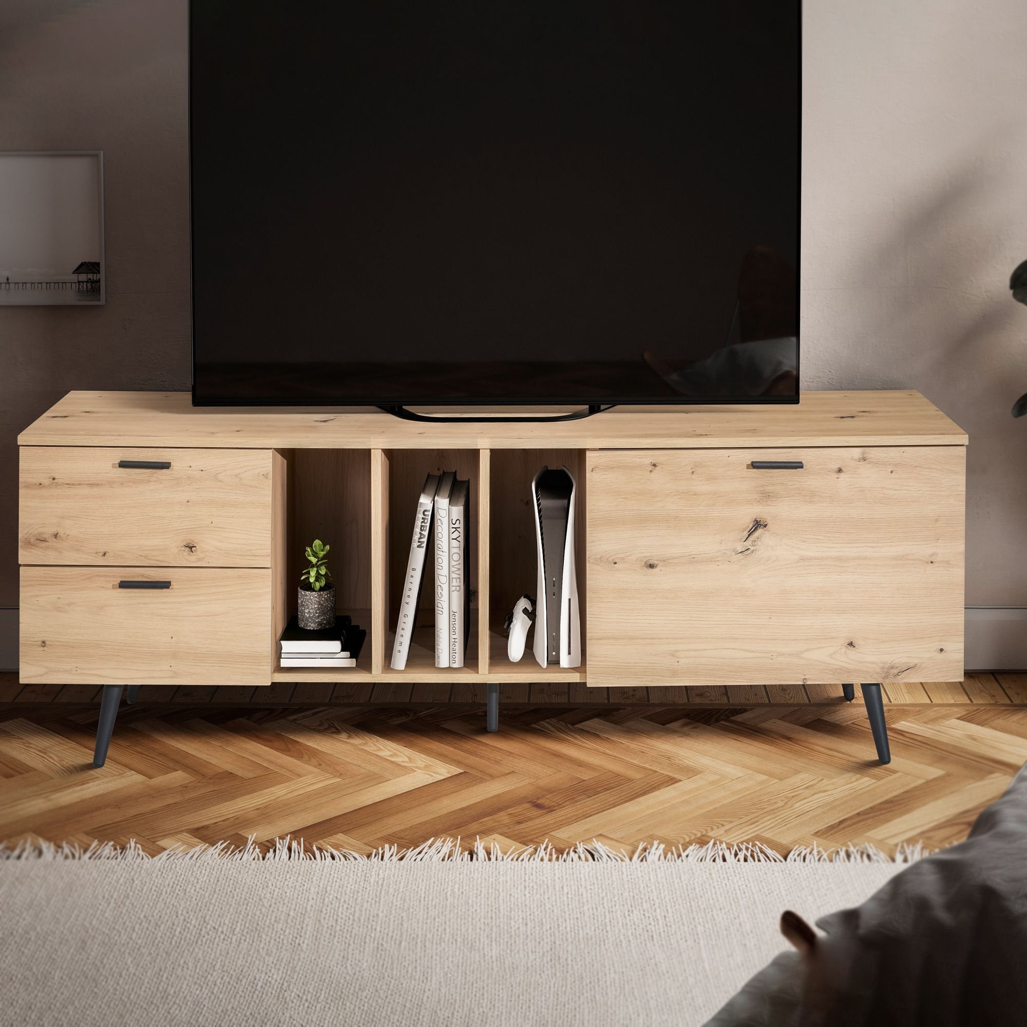 WOHNLING Szafka RTV niska 150 cm Stolik RTV Szafka RTV z szufladami dąb