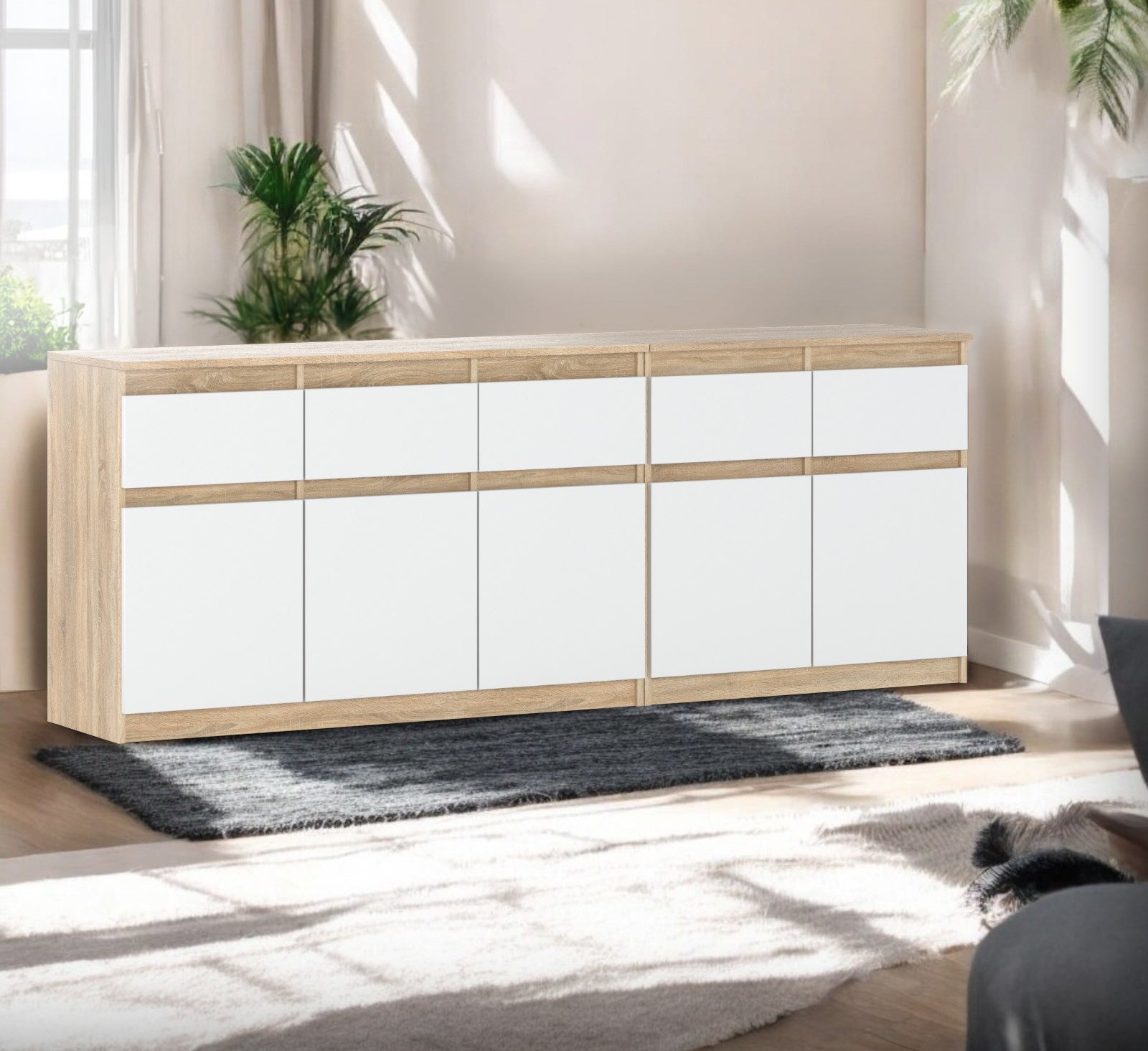 Komoda Nowoczesna Młodzieżowa Best Oleksa 5 Szuflad 200cm Sonoma Biały Mat