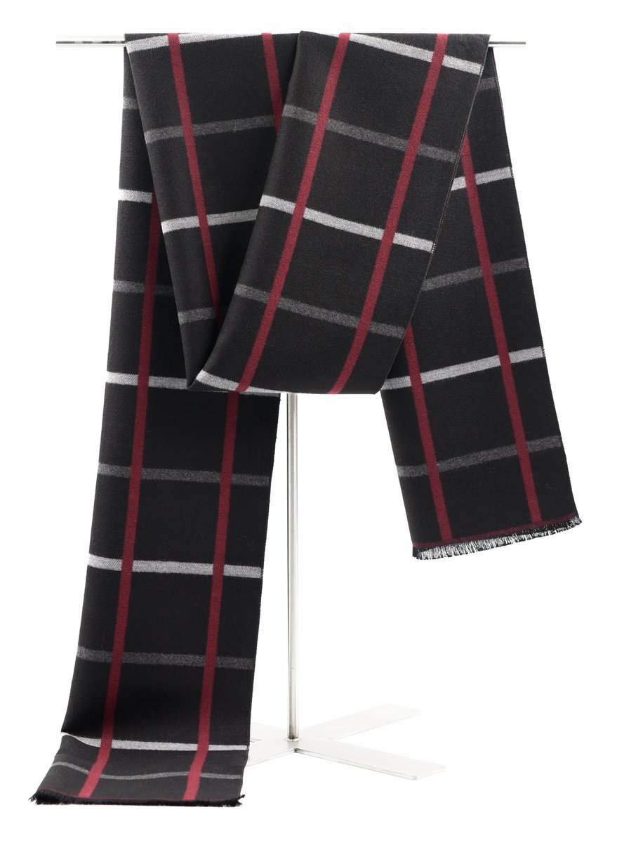 Szal Szalik Męski Czarny W Szaro - Czerwone Pasy