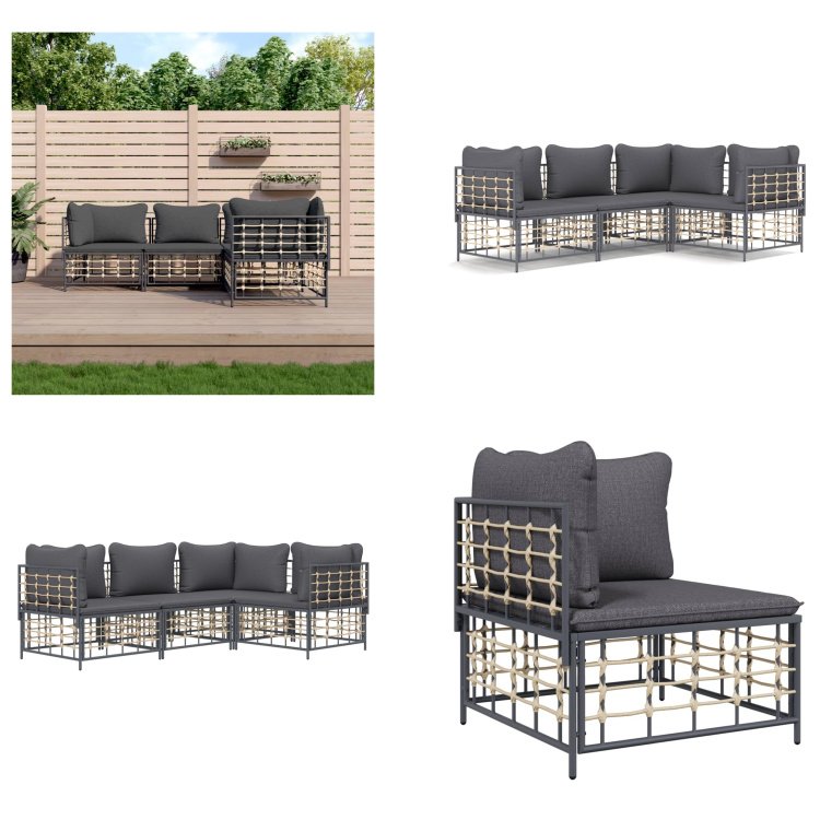 vidaXL 4-częściowy zestaw wypoczynkowy do ogrodu z poduszkami antracytowy rattan - Zestaw wypoczynkowy do ogrodu - Zestawy wypoczynkowe do ogrodu - Zestaw wypoczynkowy - Meble ogrodowe