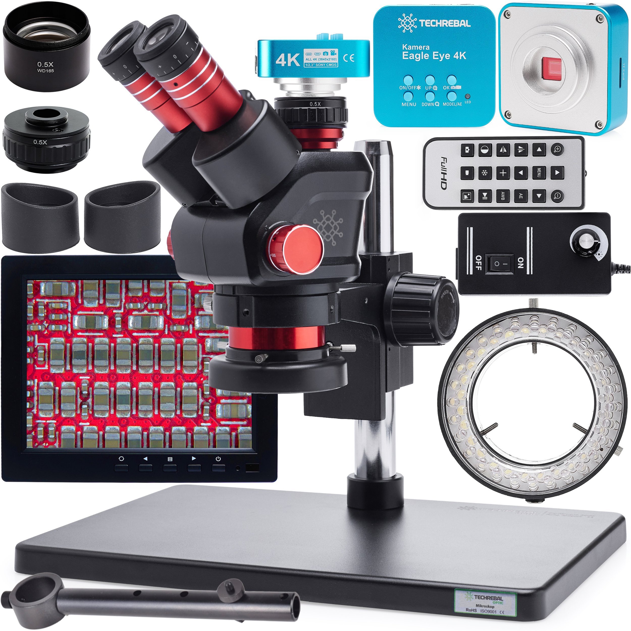 Mikroskop Techrebal Mikroskop stereoskopowy OptiZoom 6558 DG6558T-B3 + Oświetlenie 56x Barlow 0,5x Muszle Kamera Eagle Eye Wyświetlacz 8