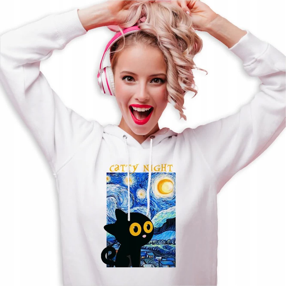 BLUZA DAMSKA BIAŁA Z KAPTUREM DLA MIŁOŚNIKA KOTKÓW CATTY NIGHT WZORY - M