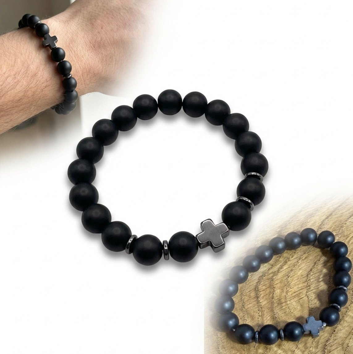 BRANSOLETKA męska CZARNA z koralików Z KRZYŻYKIEM na gumce różaniec