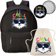 Plecaki worki - Zestaw Plecak Czarny Szkolny Worek Przypinka Miś Chill Do Szkoły Dla Dzieci - miniaturka - grafika 1