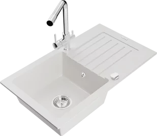 Mexen Pablo zlewozmywak granitowy 1-komorowy z ociekaczem i baterią kuchenną Duero, biały - 6510-20-671600-00 - Zlewozmywaki z baterią - miniaturka - grafika 1