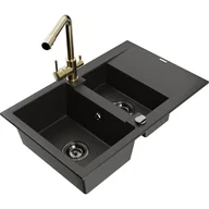 Zlewozmywaki z baterią - Mexen Gaspar zlewozmywak granitowy 1,5-komorowy z ociekaczem i baterią kuchenną Duero, czarny/złoty - miniaturka - grafika 1