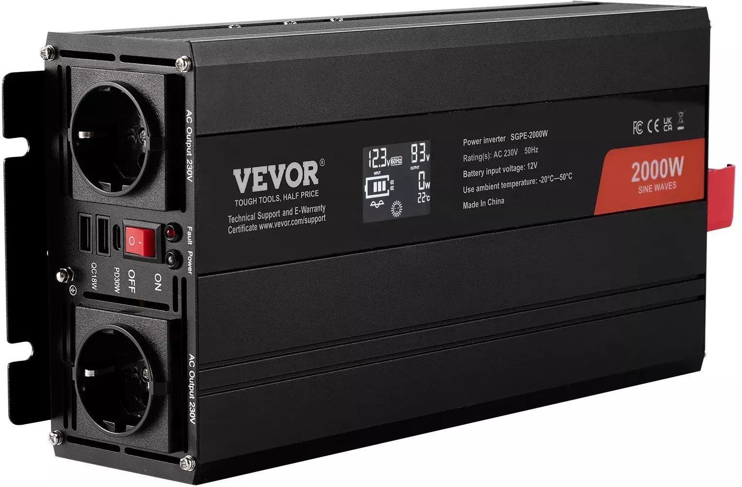 Przetwornica Azo Przetwornica czysty sinus 2000W 12V/230V z LCD USB/Type-C i pilotem