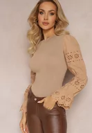 Swetry damskie - Beżowy Sweter z Ozdobnym Haftem i Ażurowym Rękawem Anulika - miniaturka - grafika 1