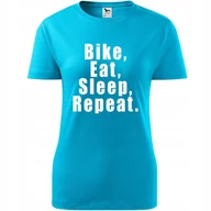 Koszulki i topy damskie - Damska Koszulka Rowerowa Bike eat sleep repeat Prezent dla Rowerzystki turkusowy L - miniaturka - grafika 1