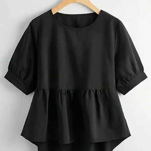 TEMU Bluzka Damska Elegancka Czarna 5162 - Krótki Rękaw, Okrągły Dekolt, Falbanka, Pranie Maszynowe, Nieprześwitująca Tkanina na Wiosnę Jesień, - Koszule damskie - miniaturka - grafika 1