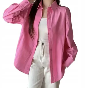 BAWEŁNIANA LUŹNA KOSZULA DAMSKA NA GUZIKI RÓŻOWA L - Koszule damskie - miniaturka - grafika 1