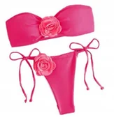 Stroje kąpielowe - Strój Kąpielowy Bikini Dwuczęściowy Z Ozdobnymi Kwiatami Bandeau Różowy S - miniaturka - grafika 1