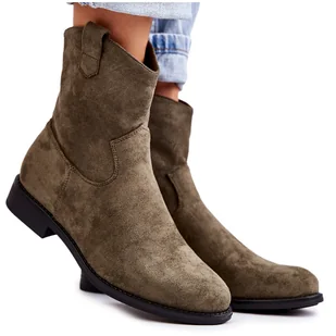 S.Barski Damskie Zamszowe Botki Na Płaskim Obcasie Zielone Fiorenz khaki - Botki damskie - miniaturka - grafika 1