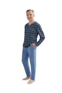 Piżamy damskie - PIŻAMA MĘSKA 3XL DŁUGI RĘKAW SPODNIE W KRATKĘ BAWEŁNIANA DLA TATY DZIADKA BŁĘKITNA - miniaturka - grafika 1
