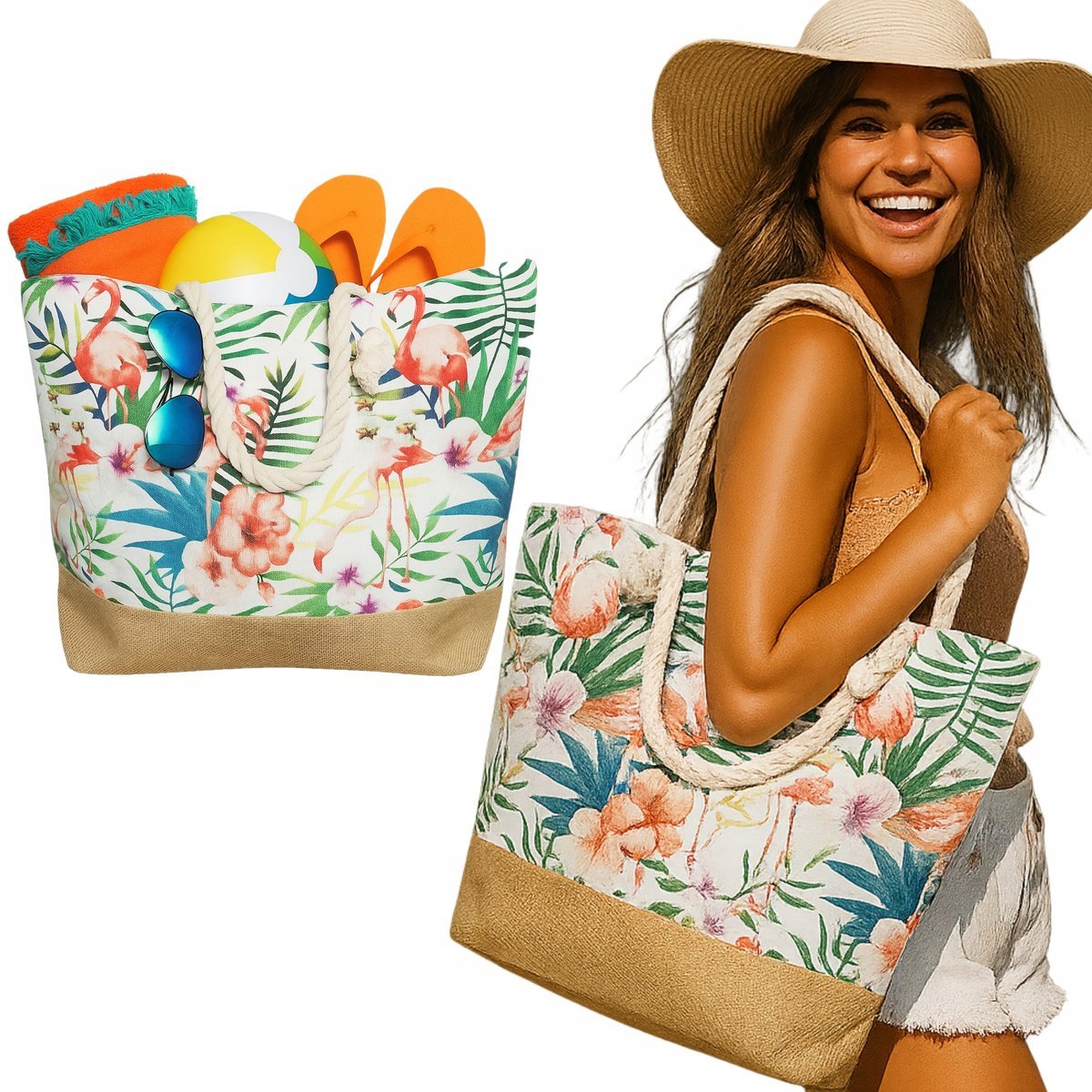 TORBA PLAŻOWA Z UCHWYTEM ZAPINANA ZAMEK SHOPPER TOREBKA NA PLAŻĘ PIKNIK