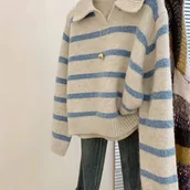 Swetry damskie - TEMU Sweter w stylu vintage z paskami i kolorowymi blokami ElegantSUT Damski kardigan w młodzieżowym stylu akademickim na jesień/zimę - miniaturka - grafika 1