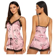 Piżamy damskie - Piżama satynowa z nadrukiem i koronką - różowa - XL - miniaturka - grafika 1