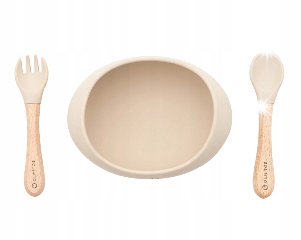 Miseczka silikonowa ze sztućcami Olmitos Drewno bukowe Silikon Beżowy