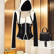 Kurtki damskie - TEMU Stylowa czarna i biała kurtka z kapturem i zamkiem błyskawicznym dla kobiet z kieszeniami - Casual Streetwear, długi rękaw, przodu z guzikami, - miniaturka - grafika 1