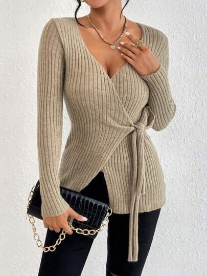 Shein Sweter Z Wiązaniem Prążkowany Beż 40/42 Łjj