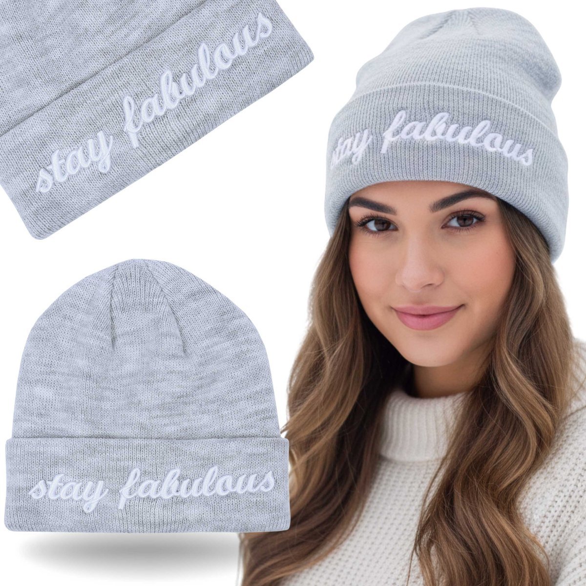 CIEPŁA czapka damska, Szara, wywijana czapka zimowa MŁODZIEŻOWA M/L