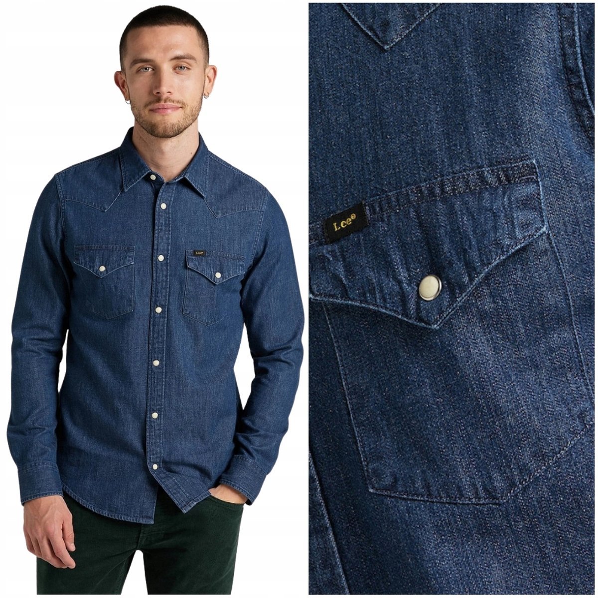 Lee REGULAR WESTERN SHIRT Mid Stone DżINS ciemna koszula jeansowa męska L