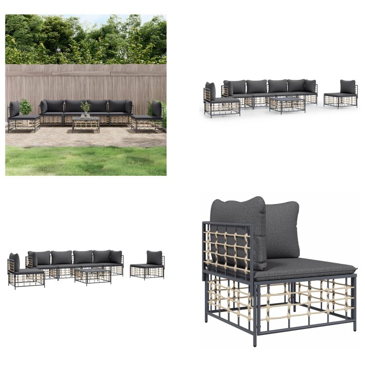 vidaXL 7-częściowy zestaw wypoczynkowy do ogrodu z poduszkami antracytowy rattan - Zestaw wypoczynkowy do ogrodu - Zestawy wypoczynkowe do ogrodu - Zestaw wypoczynkowy - Meble ogrodowe