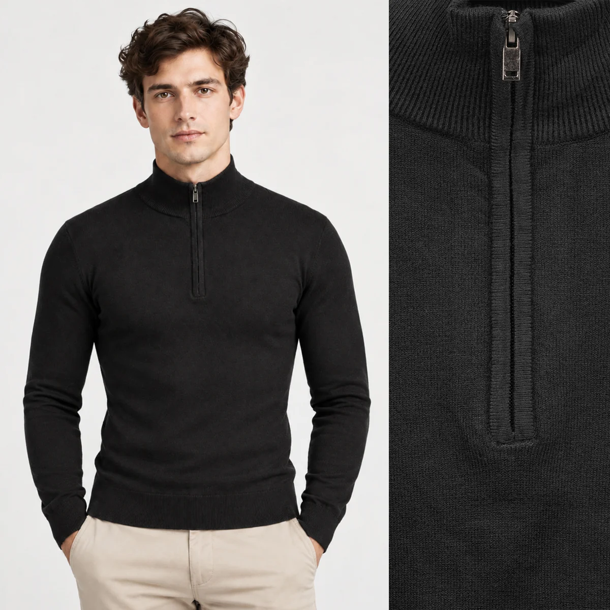Sweter męski cienki czarny z półzamkiem i półgolfem gładki casual LD-69050-1-BLACK XL