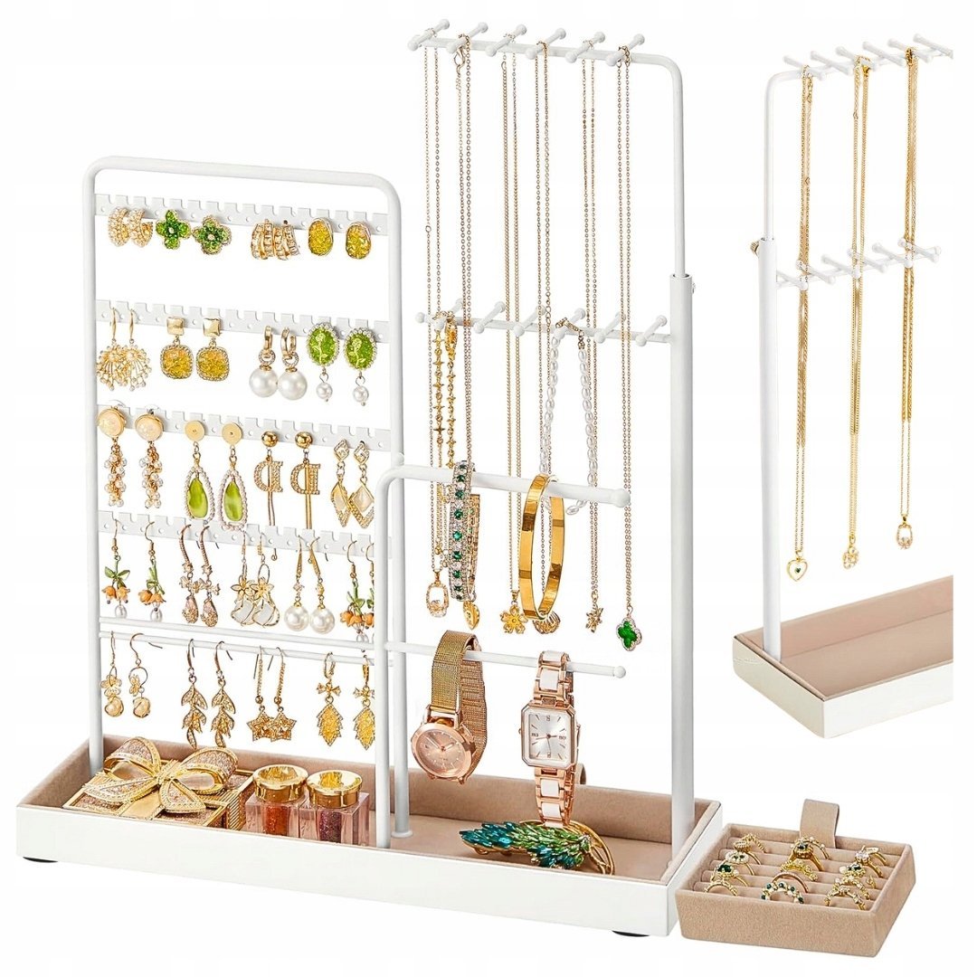 STOJAK NA BIŻUTERIĘ Z AKSAMITNĄ TACĄ ORGANIZER UCHWYT ETUI IDEALNY PREZENT