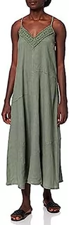 Sukienki - Bonateks, Sukienka z szelkami z haftem na dekolcie w kształcie litery V, 100% len, rozmiar DE:40 rozmiar US: L, lekki khaki - wyprodukowano we Włoszech, zielony - grafika 1