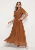 Sukienki - Brązowa Kopertowa Sukienka Maxi z Gumką w Pasie Narlin - miniaturka - grafika 1