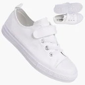 Buty dla dziewczynek - Trampki Dziecięce na Rzepy Buty Białe Materiałowe Sportowe RC06P RC05P Biały 34 - miniaturka - grafika 1