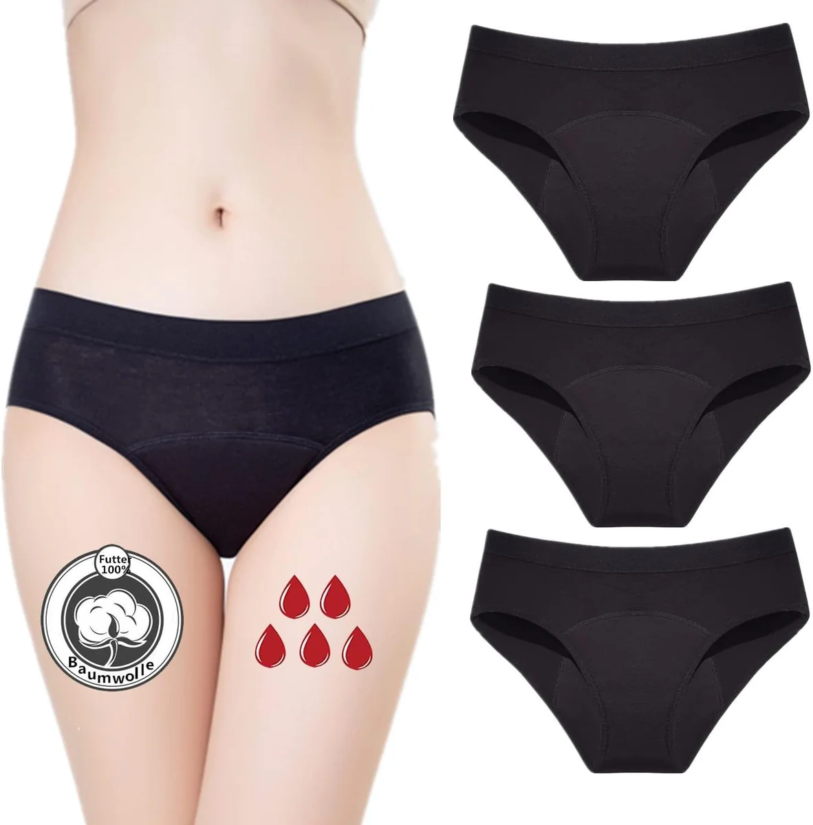 Majtki menstruacyjne damskie XS czarne 3 szt figi hipsterskie