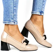 Czółenka - Damskie Półbuty Czółenka Na Klocku Z Łańcuchem Vinceza 10878 Beżowe Lakierowane - VINCEZA - miniaturka - grafika 1