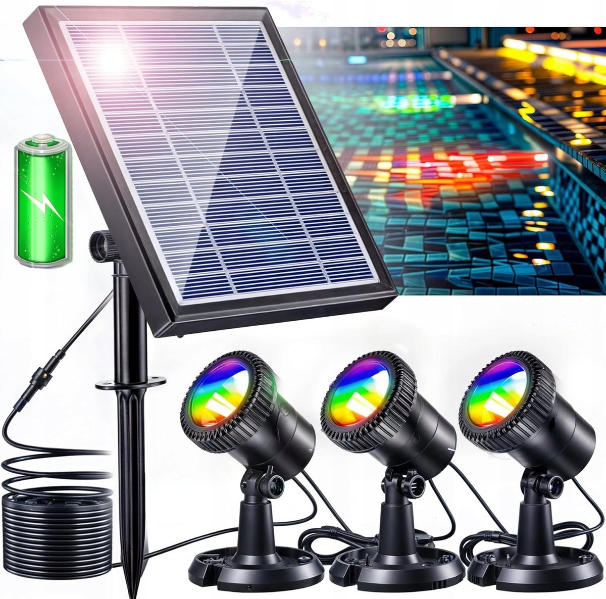 Reflektor solarny LED do oczek wodnych IP68 2200mAh kąt oświetlenia 90st