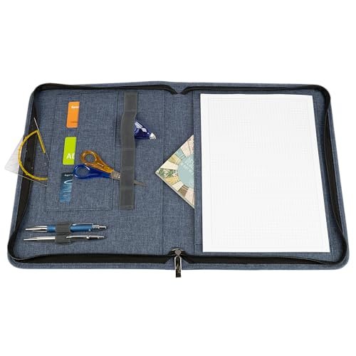 WEDO® Teczka konferencyjna A4 Denim z zamkiem błyskawicznym, kolor niebieski, 3 przegródki na karty, przegródki z elastyczną taśmą gumową na długopisy, duża kieszeń na arkusze za powierzchnią do